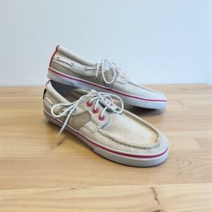Airwalk Women’s Boat Shoes – Beige Canvas & Suede with Pink Accents (Size 8)